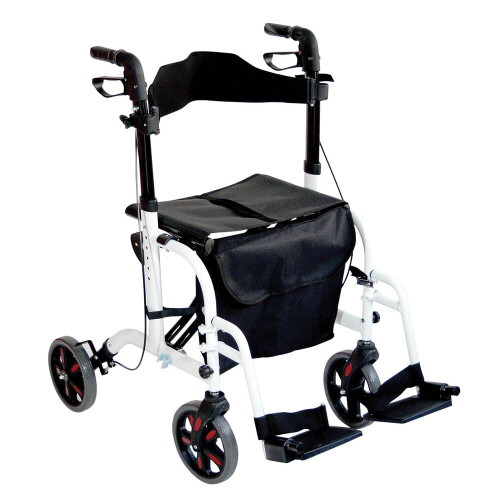 Loops White Deluxe Aluminium Rollator and Transit Chair 2-in-1 Dual Function Walker