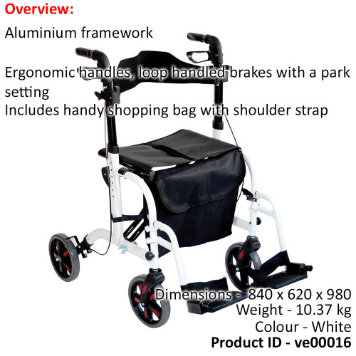 Loops White Deluxe Aluminium Rollator and Transit Chair 2-in-1 Dual Function Walker 1