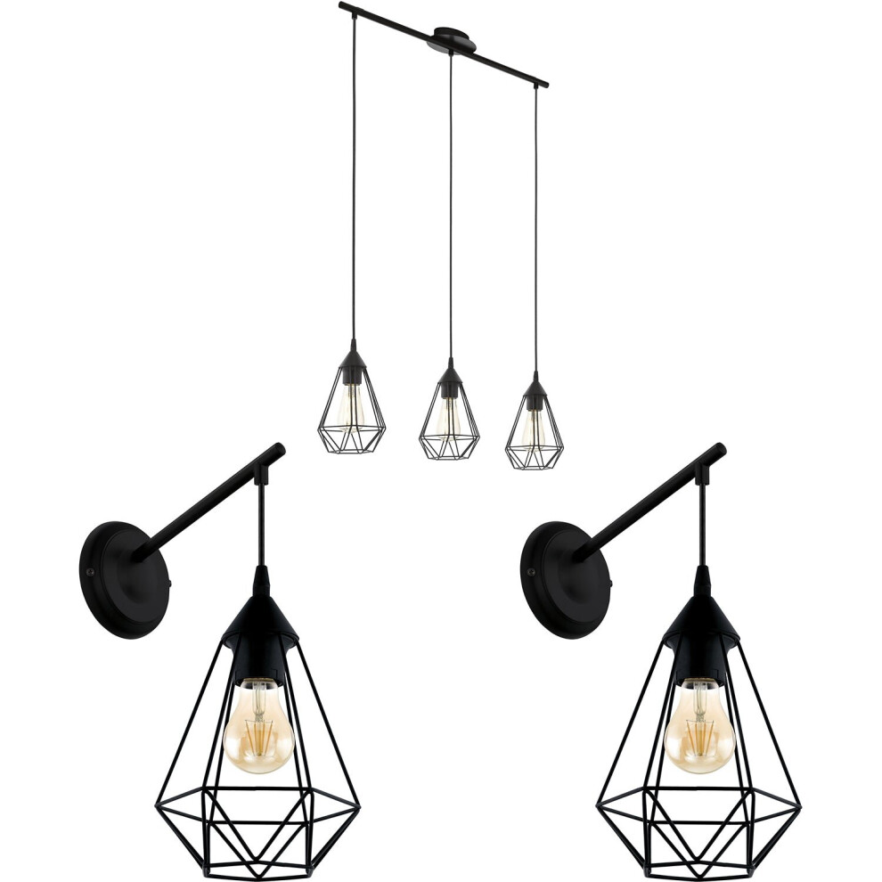 Loops Ceiling Spot & 2X Matching Wall S Wire Cage Wire Hanging Lamp Light/Black