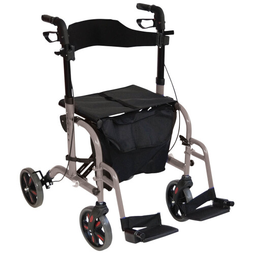 Loops Grey Deluxe Aluminium Rollator and Transit Chair 2-in-1 Dual Function Walker