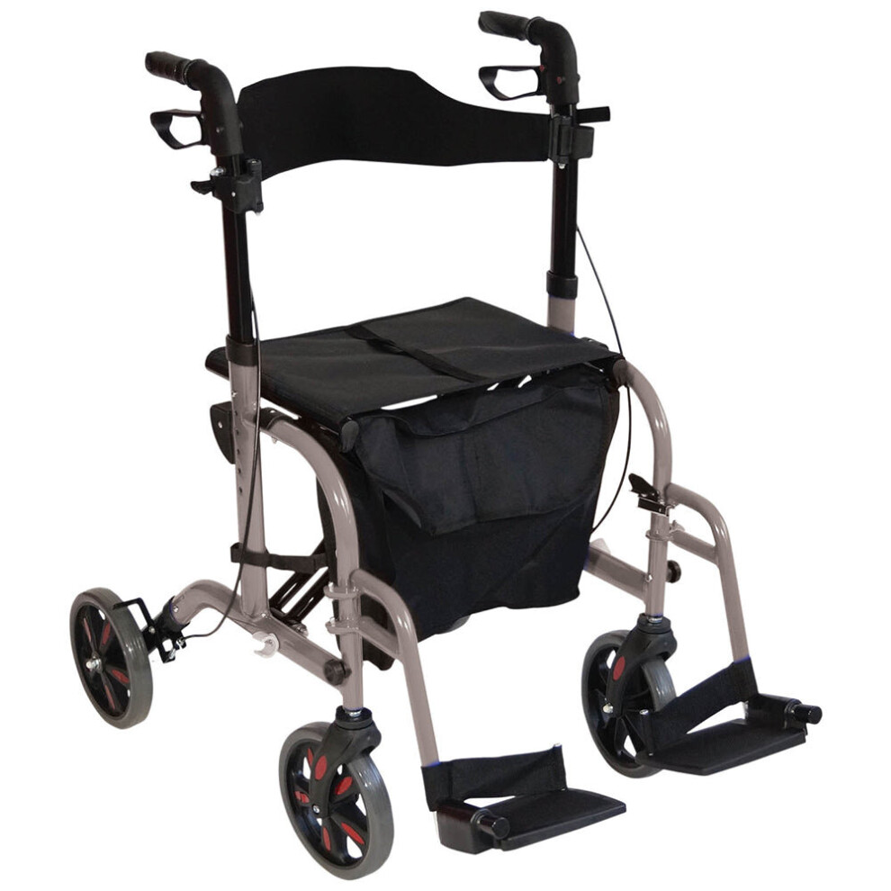 Grey Deluxe Aluminium Rollator and Transit Chair 2-in-1 Dual Function Walker