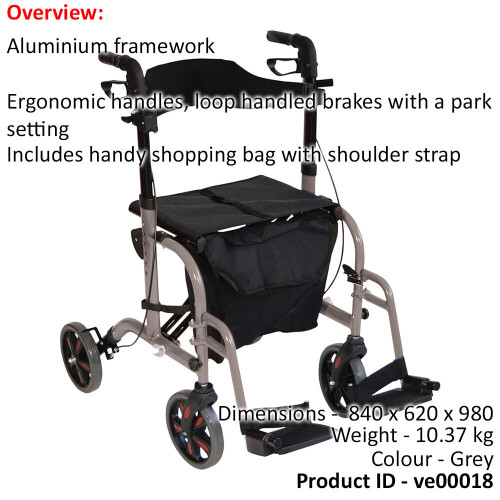 Loops Grey Deluxe Aluminium Rollator and Transit Chair 2-in-1 Dual Function Walker 1