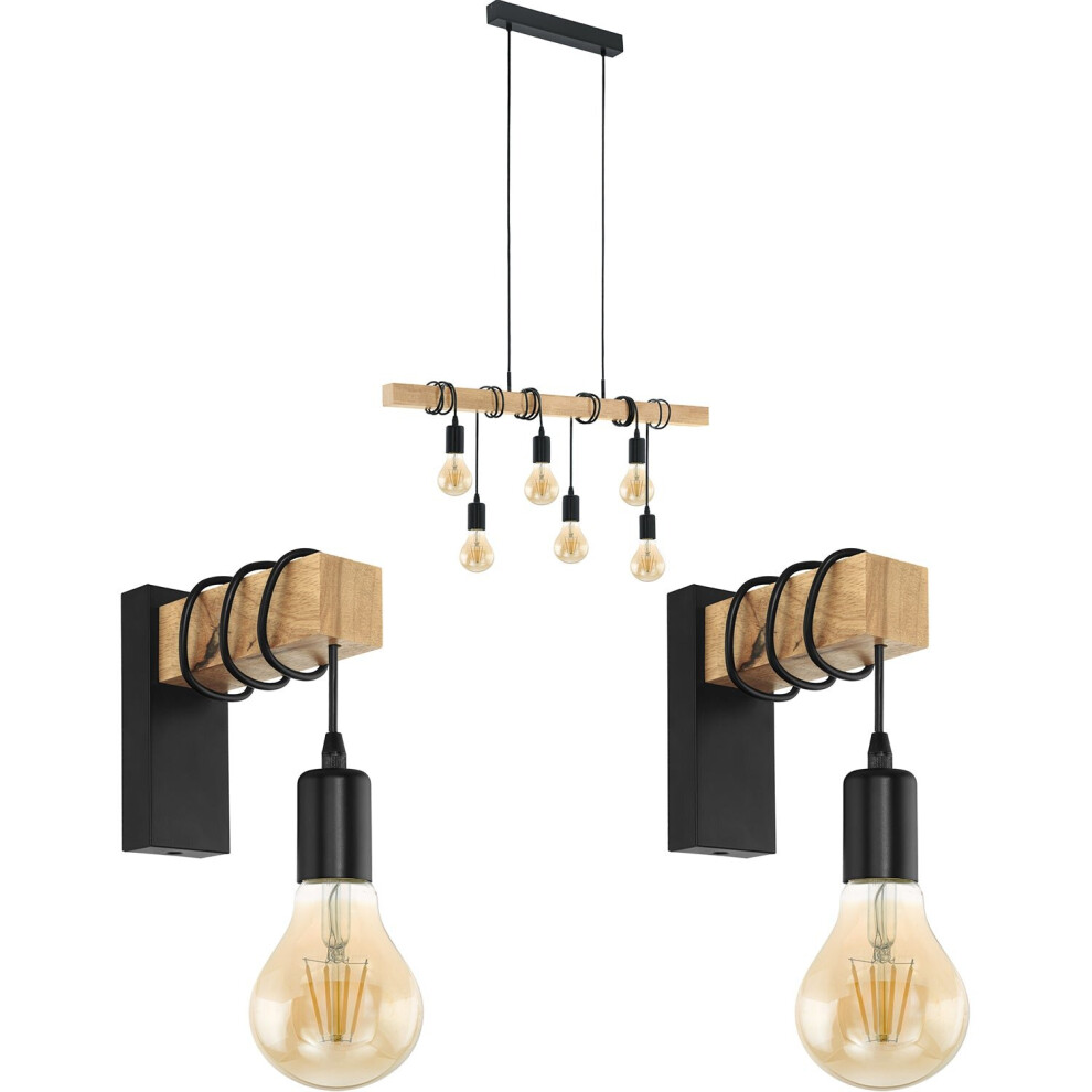 Loops Multi Bulb Ceiling Pendant & 2X Matching Wall S & Wood Trendy Light/Black