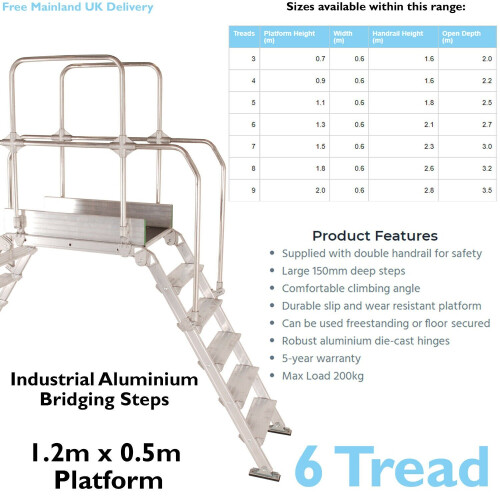 Loops 6 Tread Industrial Bridging Steps & Handle Crossover Ladder 1.2m x 0.5m Platform 1