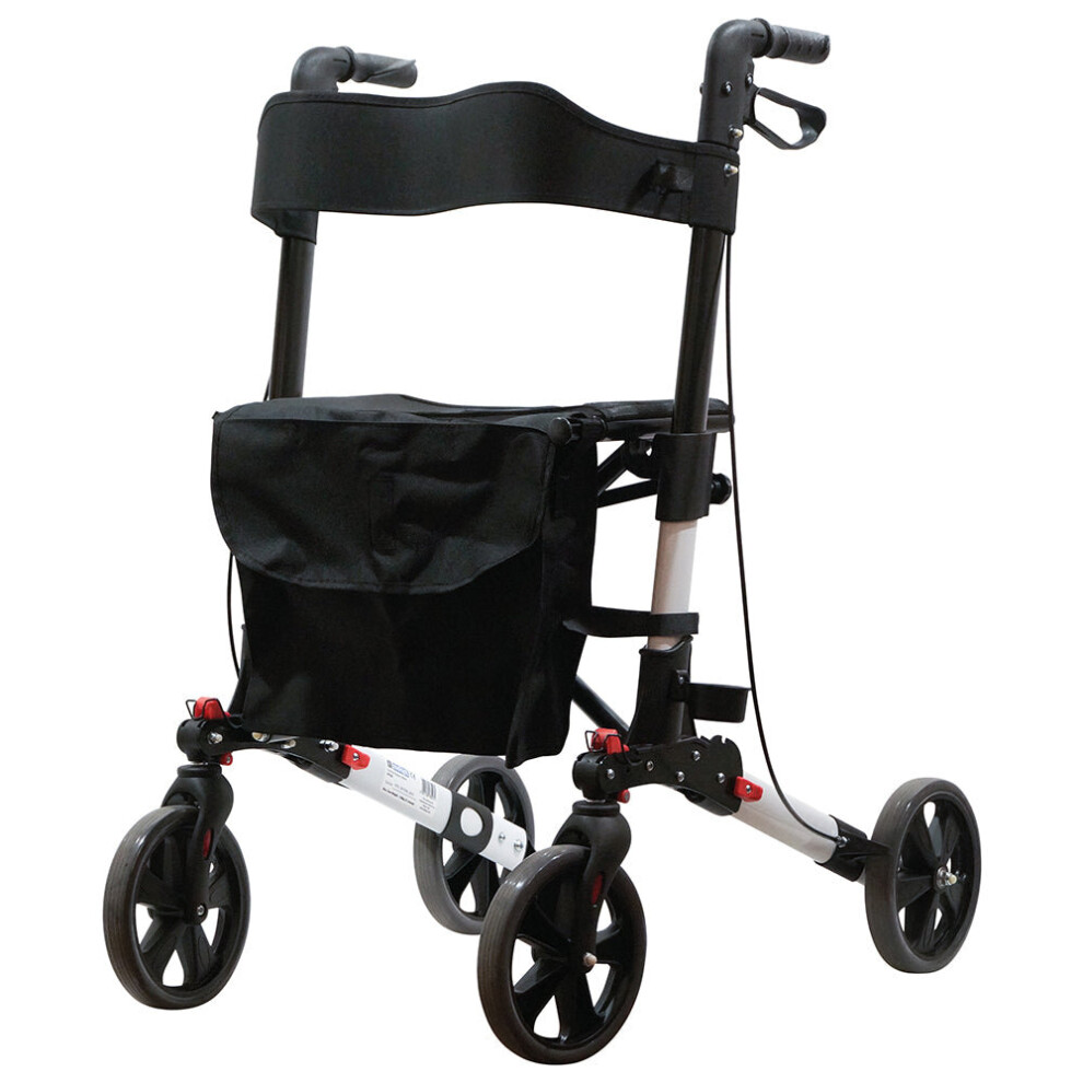 White Aluminium 4 Wheel Rollator Walking Aid - Flat Folding - 136kg Weight Limit