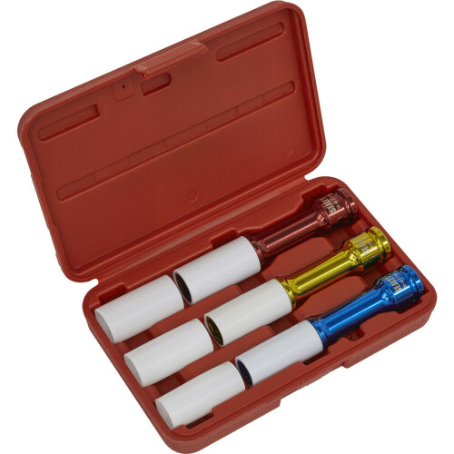 Loops 3 PACK Long Reach Alloy Wheel Impact Socket Set - 1/2" Sq Drive - Sleeved Bits