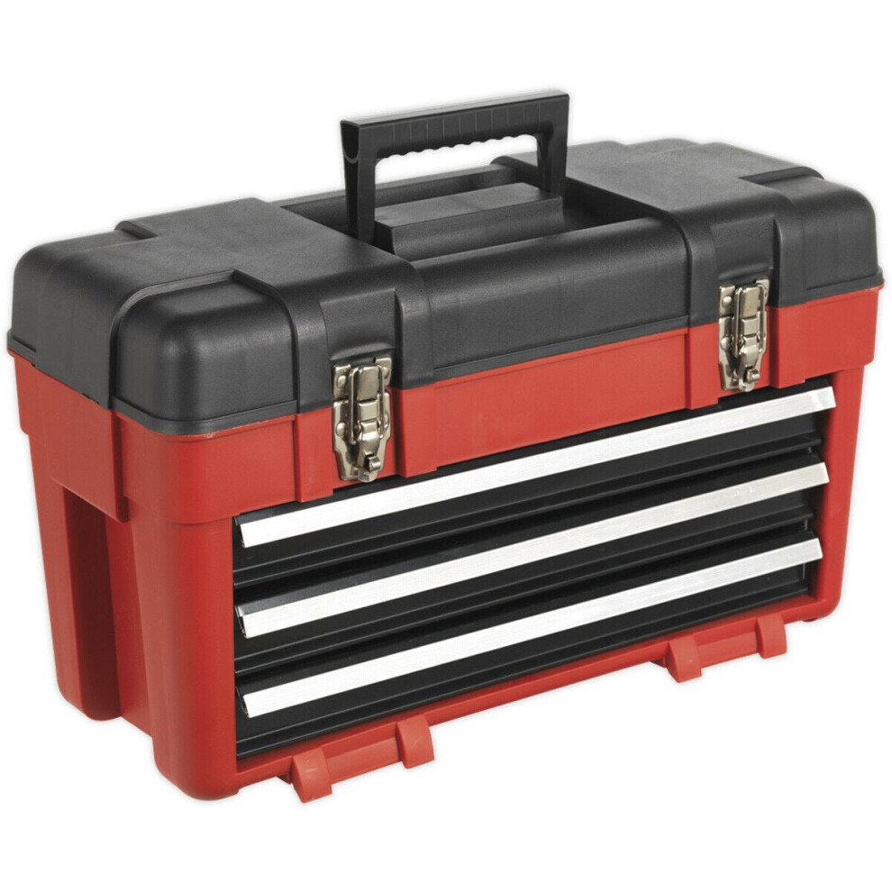 585 x 250 x 340mm Portable 3 Auto Locking Drawer Toolbox - Red - Tool Storage