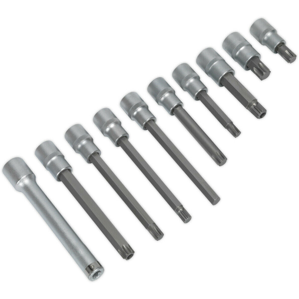 10 Piece Head Bolt Socket Bit Set - 1/2" Sq Drive - S2 Steel Male Bits - Knurled
