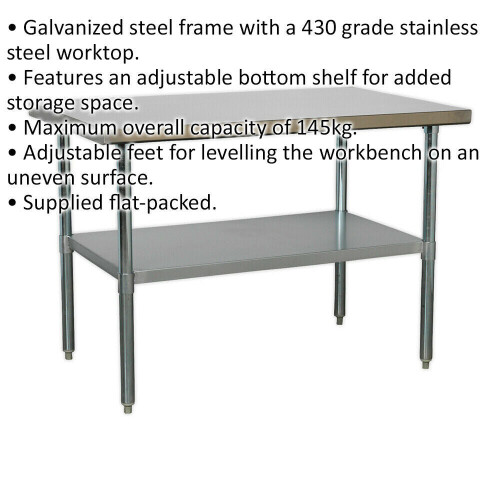Loops 1.2m Stainless Steel Work Bench & Adjustable Storage Shelf - Kitchen Station 1