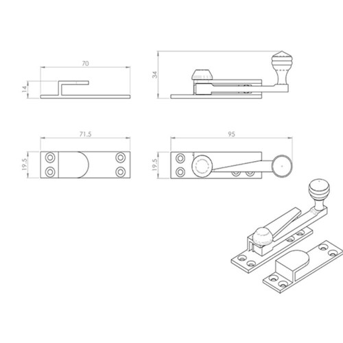 Loops Quadrant Arm Sash Window Fastener 70 x 20mm 35mm Projection Polished Chrome 2