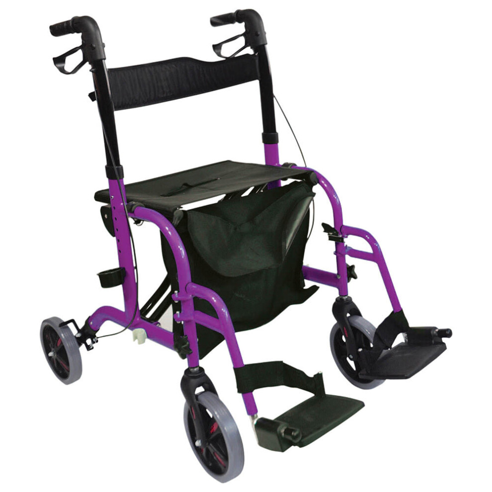 Loops Deluxe Aluminium Rollator And Transit Chair 2-In-1 Dual Function Walker Purple