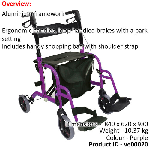 Loops Purple Deluxe Aluminium Rollator and Transit Chair 2-in-1 Dual Function Walker 1