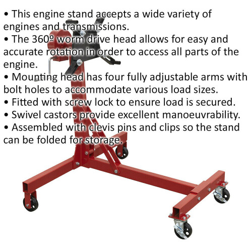 Loops 450kg Folding Worm Drive Engine Stand - Fully Adjustable Mounting Arms - Castors 1