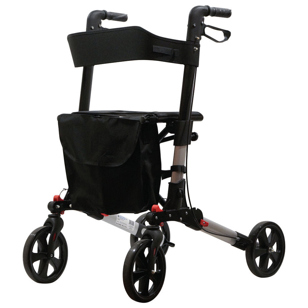 Loops Grey Aluminium 4 Wheel Rollator Walking Aid - Flat Folding - 136Kg Weight Limit