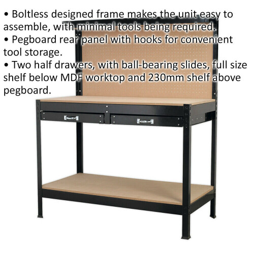 Loops 1.2m Workstation - Rear Panel Pegboard with 2x Draws & Storage Shelf - MDF Top 1