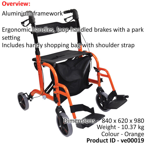 Loops Orange Deluxe Aluminium Rollator and Transit Chair 2-in-1 Dual Function Walker 1