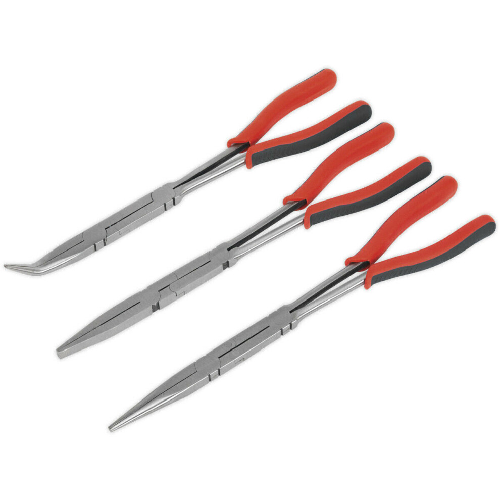 3 Piece Long Reach Double Joint Pliers Set - Straight Flat & Angled Pliers