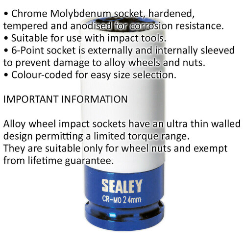 Loops 24mm Alloy Wheel Impact Socket - 1/2" Square Drive - Rim Protect Sleeved Socket 1