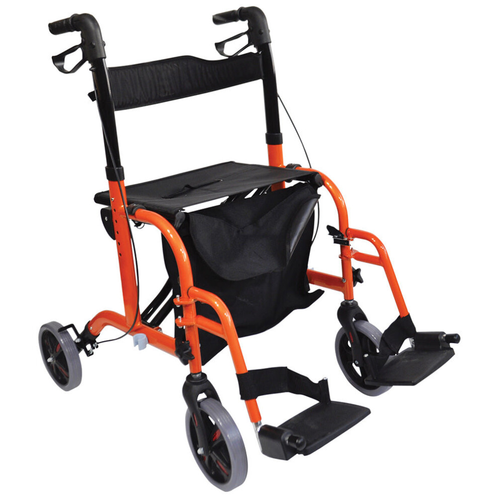 Loops Orange Deluxe Aluminium Rollator And Transit Chair 2-In-1 Dual Function Walker
