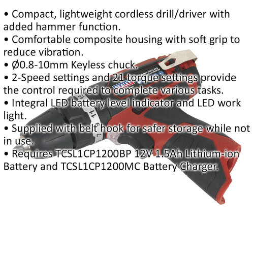 Loops 12V Cordless Hammer Drill - 10mm Keyless Chuck - BODY ONLY - 2 Speed Settings 1