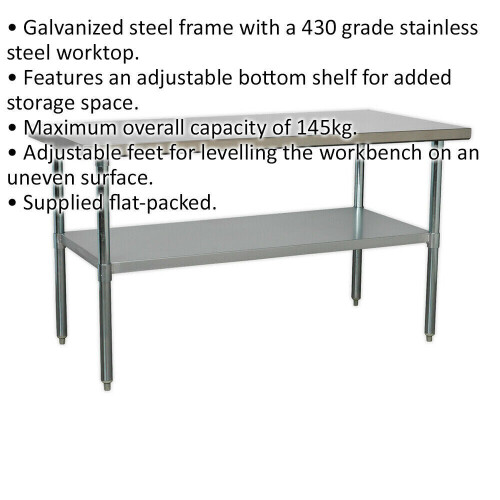 Loops 1.5m Stainless Steel Work Bench & Adjustable Storage Shelf - Kitchen Station 1