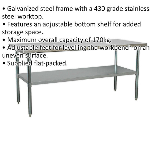 Loops 1.8m Stainless Steel Work Bench & Adjustable Storage Shelf - Kitchen Station 1