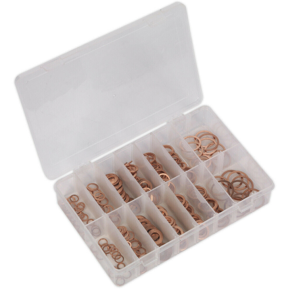 Loops 250 Piece Diesel Injector Copper Washer Assortment - Various Sizes - Storage Box