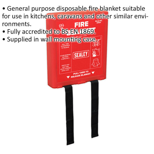 Loops Disposable Fire Blanket - 1.1m x 1.1m Size - Supplied in Wall Mounting Case 1
