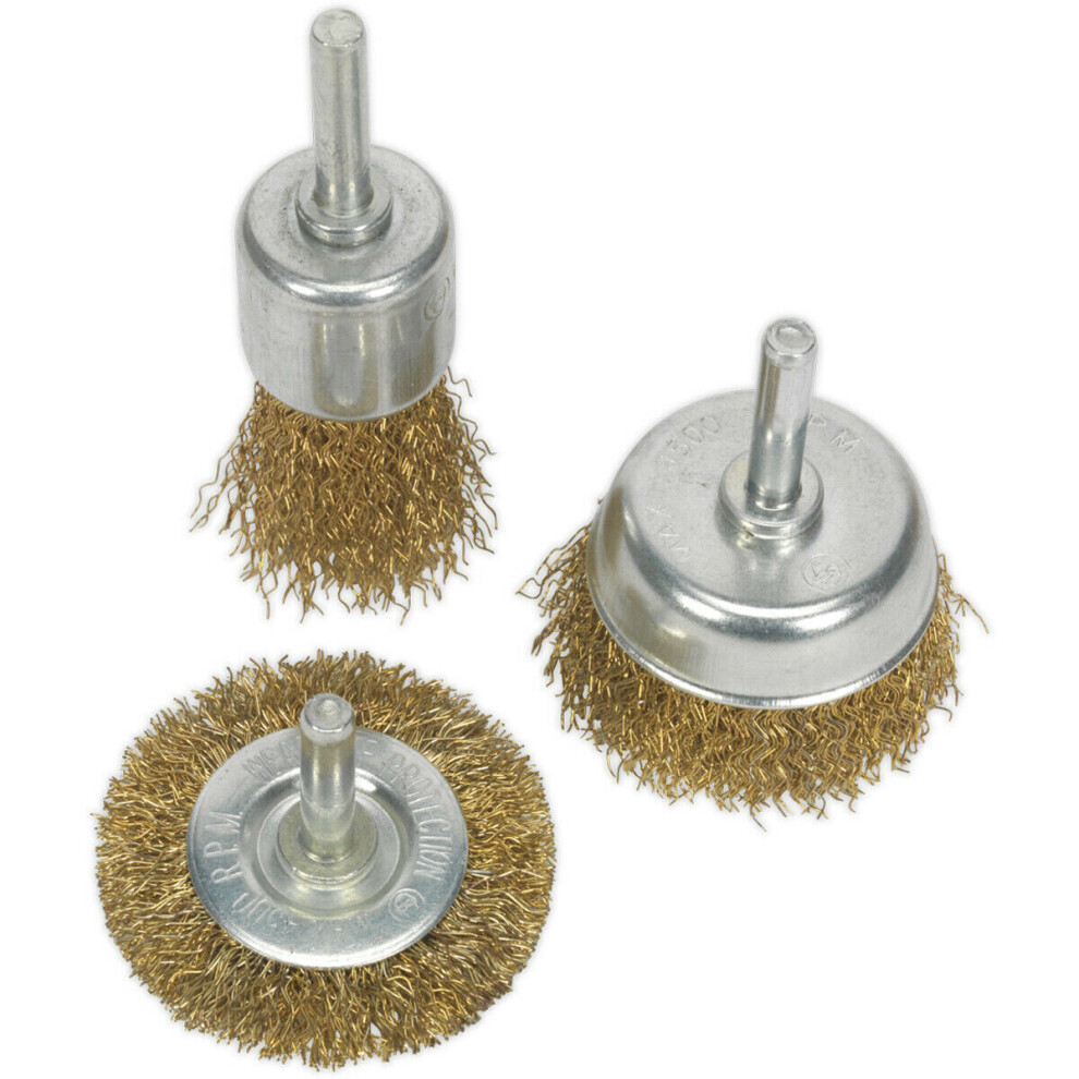 3 PACK Brassed Steel Wire Brush Set - 6mm Diameter Shaft - Up to 4500 rpm