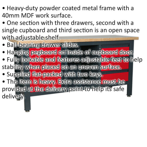 Loops Lockable Workstation- 3 Draw & Cupboard with Pegboard & Adjustable Shelf Storage 1
