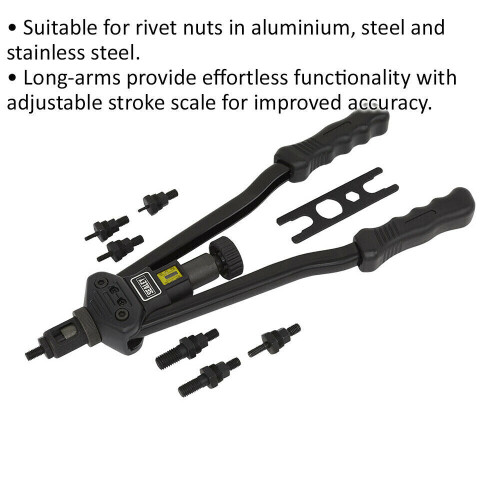 Loops Heavy Duty Long Arm Threaded Nut Riveter - Adjustable Nozzle 410mm Reach Rivet 1