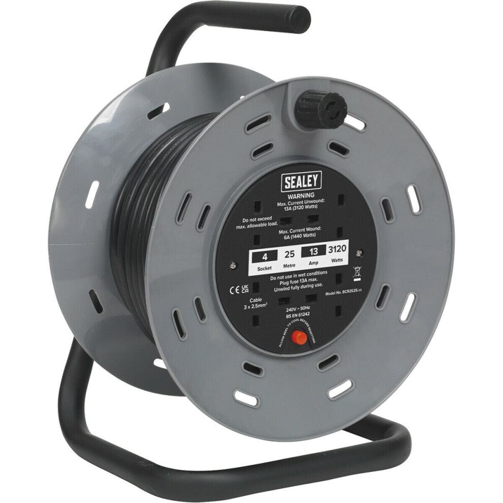 25 Metre Heavy Duty Cable Reel - 4 X 230V Socket Extension Lead - Thermal Trip 5056524262795