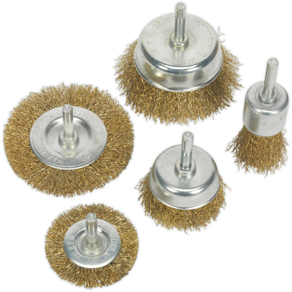 5 PACK Brassed Steel Wire Brush Set - 6mm Diameter Shaft - Up to 4500 rpm