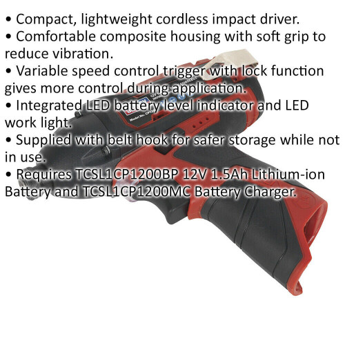 Loops 12V Cordless Impact Driver - 1/4" Hex Drive - BODY ONLY - Variable Speed 1