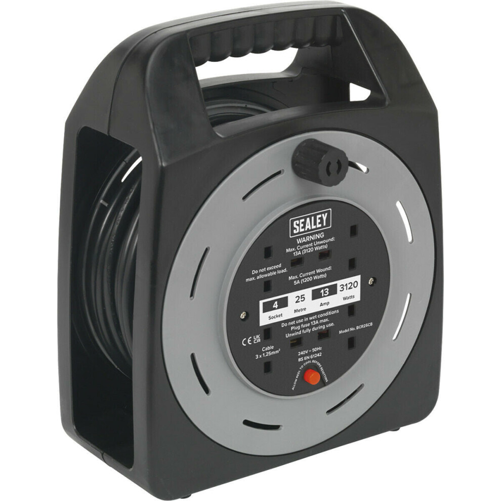 Loops 25M Box Type Cable Reel - 4 X 230V Plug Socket Extension Lead - Thermal Trip
