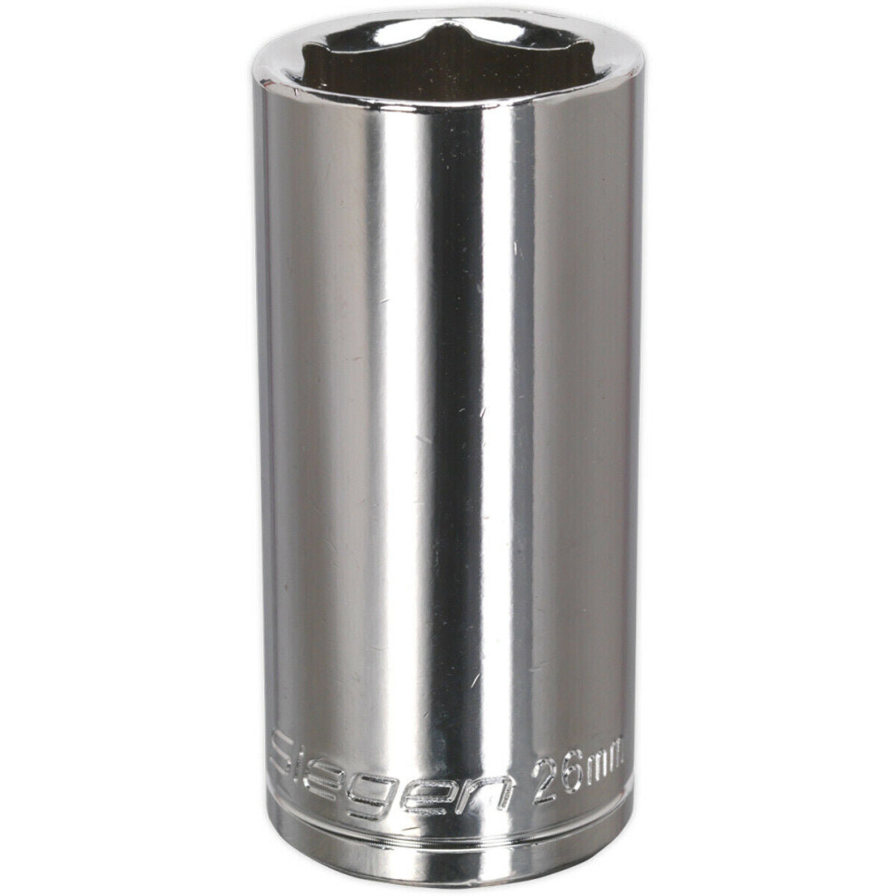 26Mm Chrome Plated Deep Drive Socket - 1/2" Square Drive High Grade Carbon Steel 5056581904614