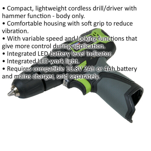 Loops 10.8V Cordless Hammer Drill - 10mm Dia Chuck - Body Only 1