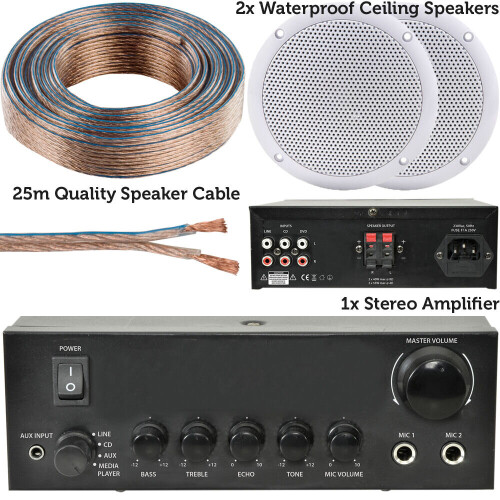 Loops 110W Stereo Amplifier System Kit 2x Waterproof Bathroom Kitchen Ceiling Speakers 1
