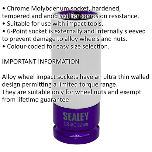 Loops 22mm Alloy Wheel Impact Socket - 1/2" Square Drive - Rim Protect Sleeved Socket 1