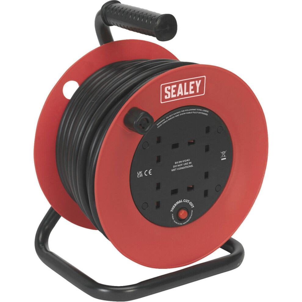 Loops 25 Metre Heavy Duty Cable Drum - 4 X 230V Socket Extension Lead - Thermal Trip