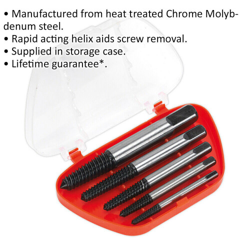 Loops 5 Piece Helix Type Screw Extractor Set - Chromoly Steel - Storage Case 1