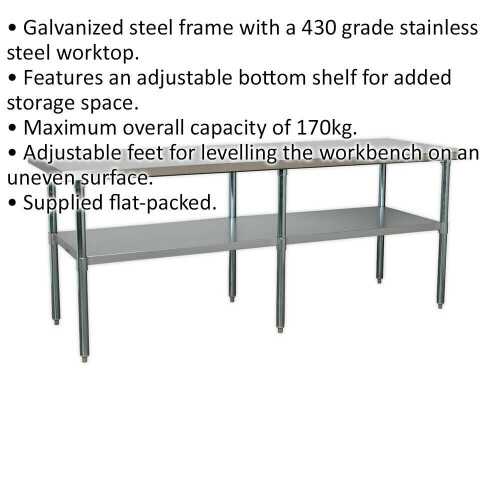 Loops 2.1m Stainless Steel Work Bench & Adjustable Storage Shelf - Kitchen Station 1