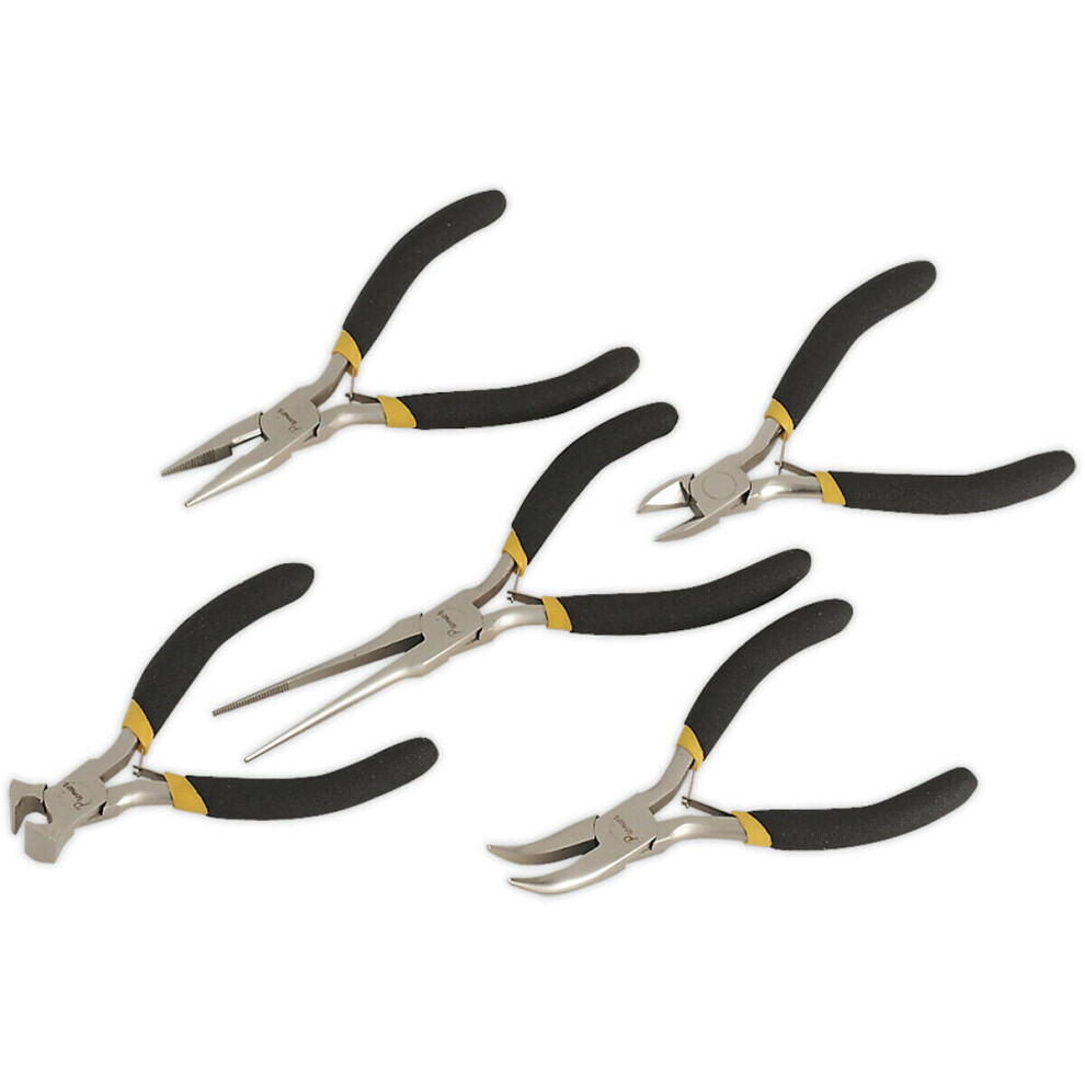 5 Piece Mini Pliers Set - Nickel Ferrous Finish - Spring-Loaded - Foam Grip