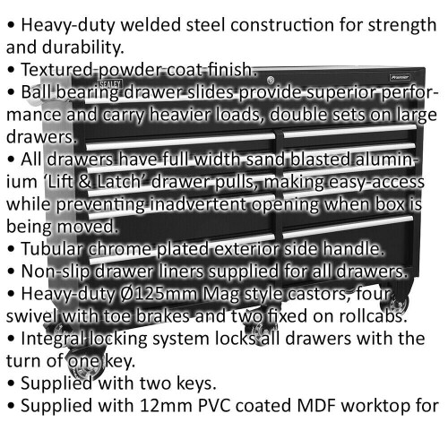 Loops 1430 x 460 x 1050mm 11 Drawer BLACK Portable Tool Chest Locking Mobile Storage 1