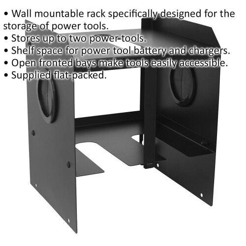 Loops Wall Mounted Twin Power Tool Storage Rack Bracket - Drill Battery Charger Shelf 1