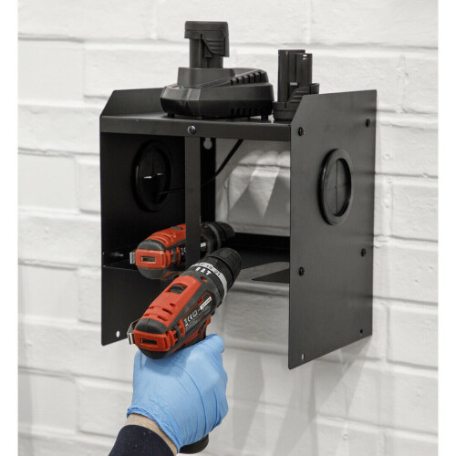Loops Wall Mounted Twin Power Tool Storage Rack Bracket - Drill Battery Charger Shelf 2