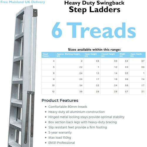 Loops 1.3m Aluminium Swingback Step Ladders 6 Tread Professional Lightweight Steps 1