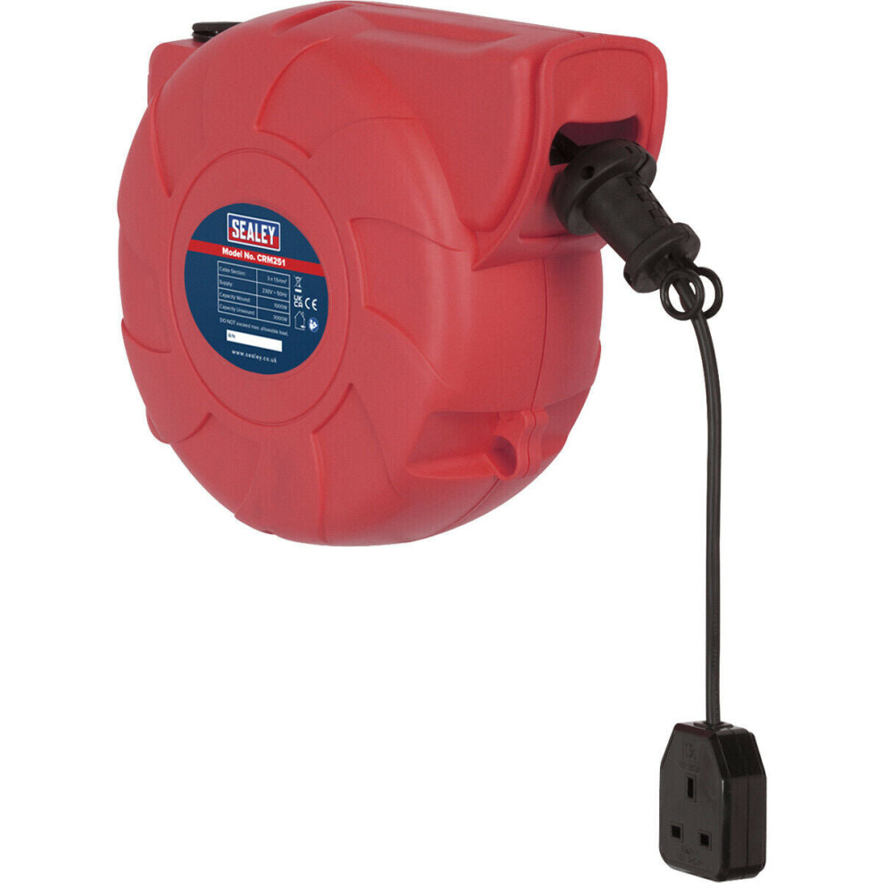 25m Retractable Cable Reel System - 1 x 230V Plug Socket - Pull & Release Action