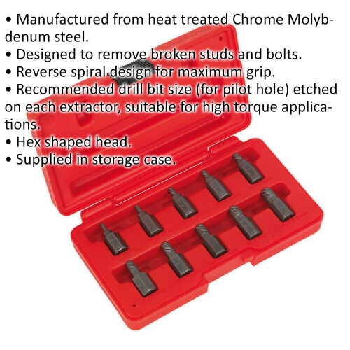 Loops 10 Piece Multi-Spline Screw Extractor Set - Reverse Spiral Design - Hex Head 1