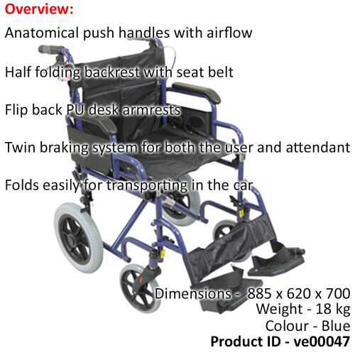 Loops Deluxe Attendant Propelled Steel Wheelchair - Compact Foldable Design - Blue 1